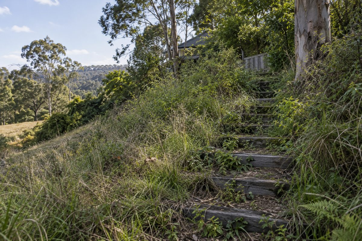 Timber steps up a hillside overgrown with grass and weeds