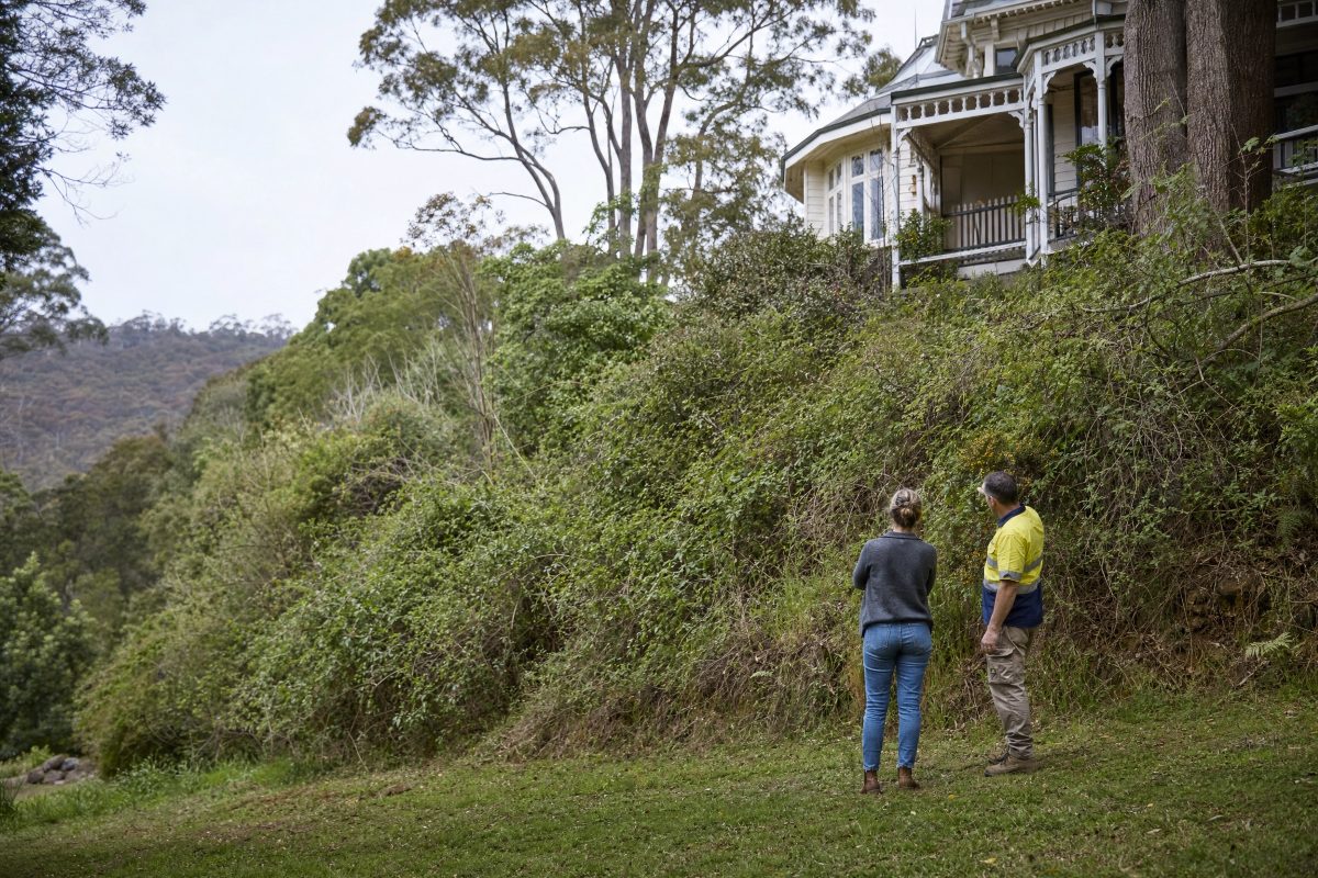 A property owner and a Blue Ridge crew member looking over an overgrown bank below a house